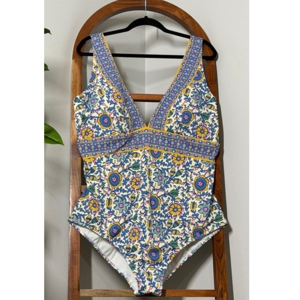 Boden Swim Porto V-neck Swimsuit Plus Size 20 22L Long Blue Boho Resortwear